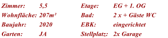 Zimmer: 5,5 Etage: EG + 1. OG Wohnflche: 207m Bad: 2 x + Gste WC Baujahr: 2020 EBK: eingerichtet Garten: JA Stellplatz: 2x Garage