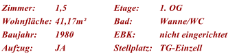 Zimmer: 1,5 Etage: 1. OG Wohnflche: 41,17m Bad: Wanne/WC Baujahr: 1980 EBK: nicht eingerichtet Aufzug: JA Stellplatz: TG-Einzell