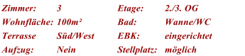 Zimmer: 3 Etage: 2./3. OG Wohnflche: 100m Bad: Wanne/WC Terrasse Sd/West EBK: eingerichtet Aufzug: Nein Stellplatz: mglich