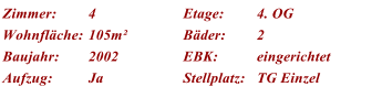 Zimmer: 4 Etage: 4. OG Wohnflche: 105m Bder: 2 Baujahr: 2002 EBK: eingerichtet Aufzug: Ja Stellplatz: TG Einzel