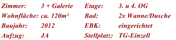 Zimmer: 3 + Galerie Etage: 3. u 4. OG Wohnfl�che: ca. 120m� Bad: 2x Wanne/Dusche Baujahr: 2012 EBK: eingerichtet Aufzug: JA Stellplatz: TG-Einzell